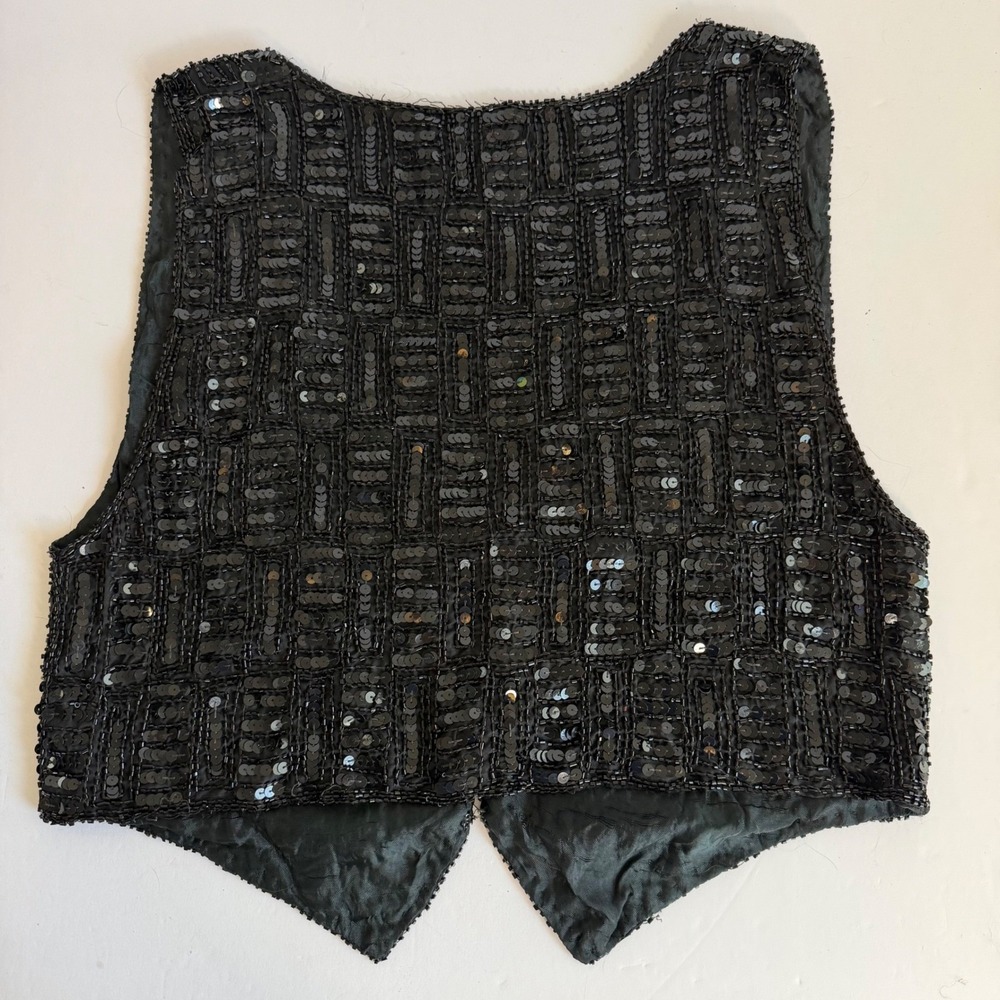 Vintage Silk Beaded Sequin Vest Black Medium Goth Party 90s Glam Witchy - Picture 2 of 6